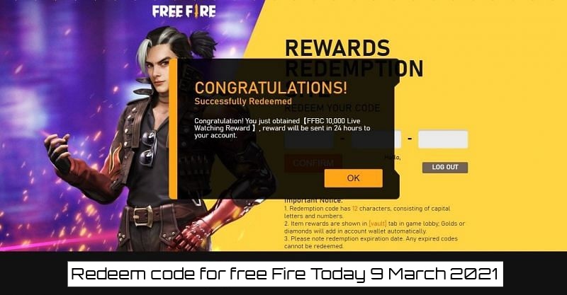 Redeem code for free Fire Today 9 March 2021