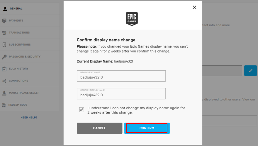 Epic Games display name change