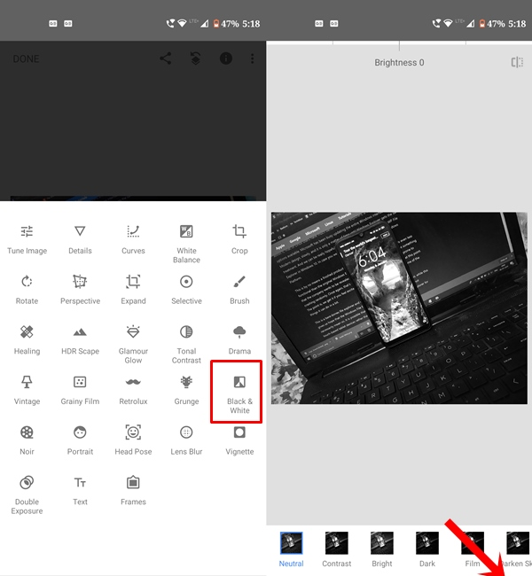 black white image snapseed