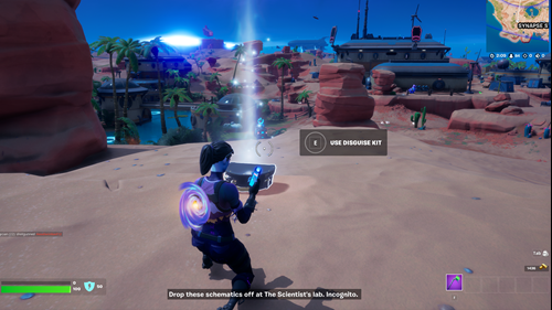 fortnite use a disguise kit then place weapon schematics at synapse station where to find disguise kit