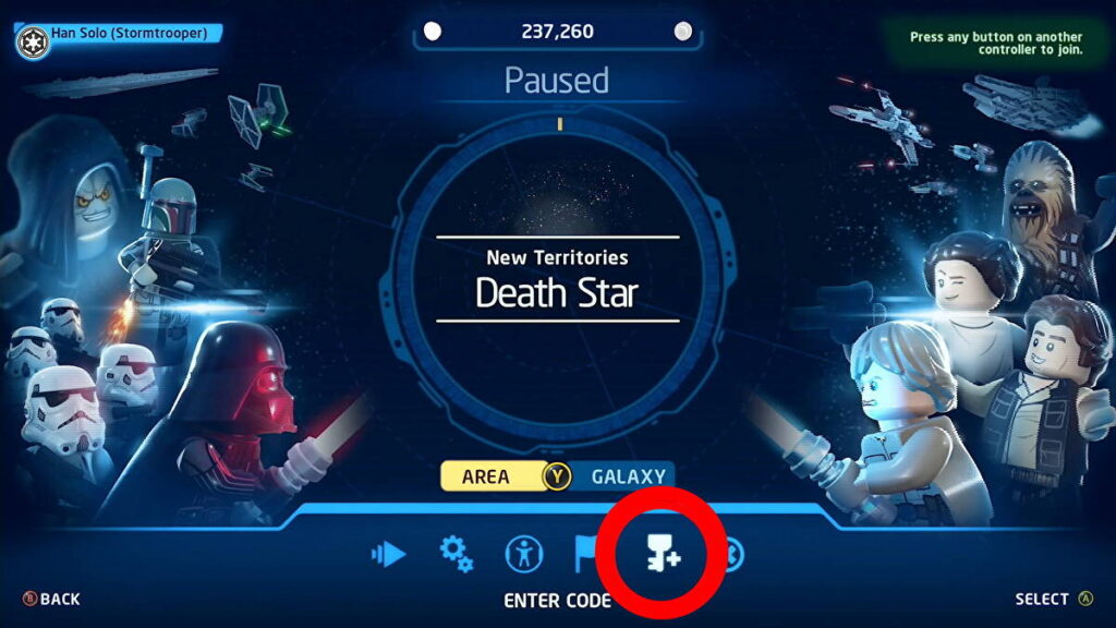 where to enter lego star wars skywalker saga codes pause menu