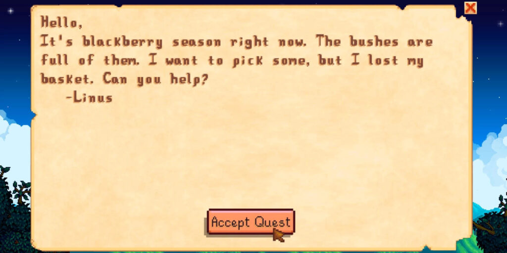 The Stardew Valley's activation Linus's Basket Mission