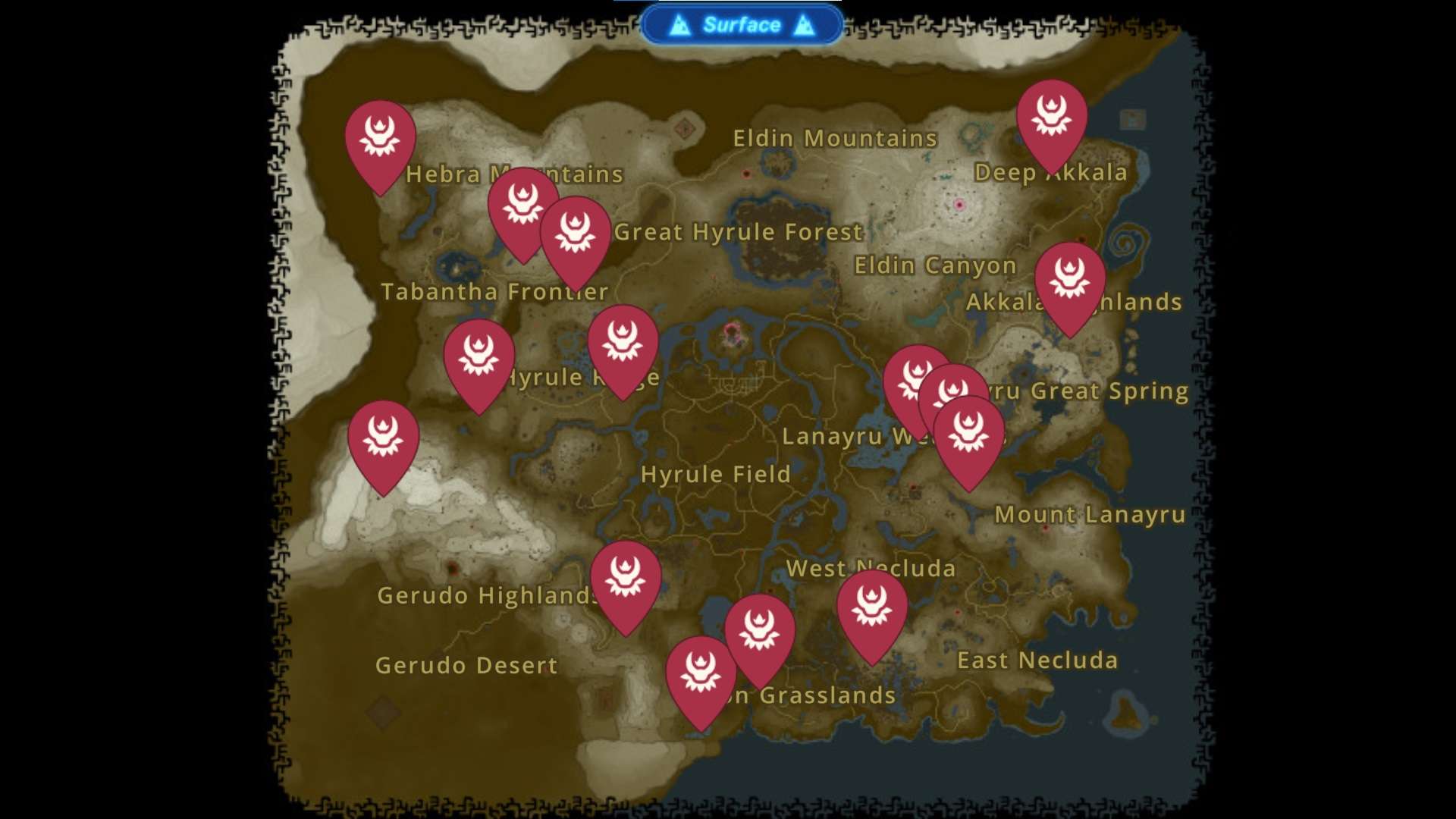 Locations of TotK Lynel on the Surface of Hyrule